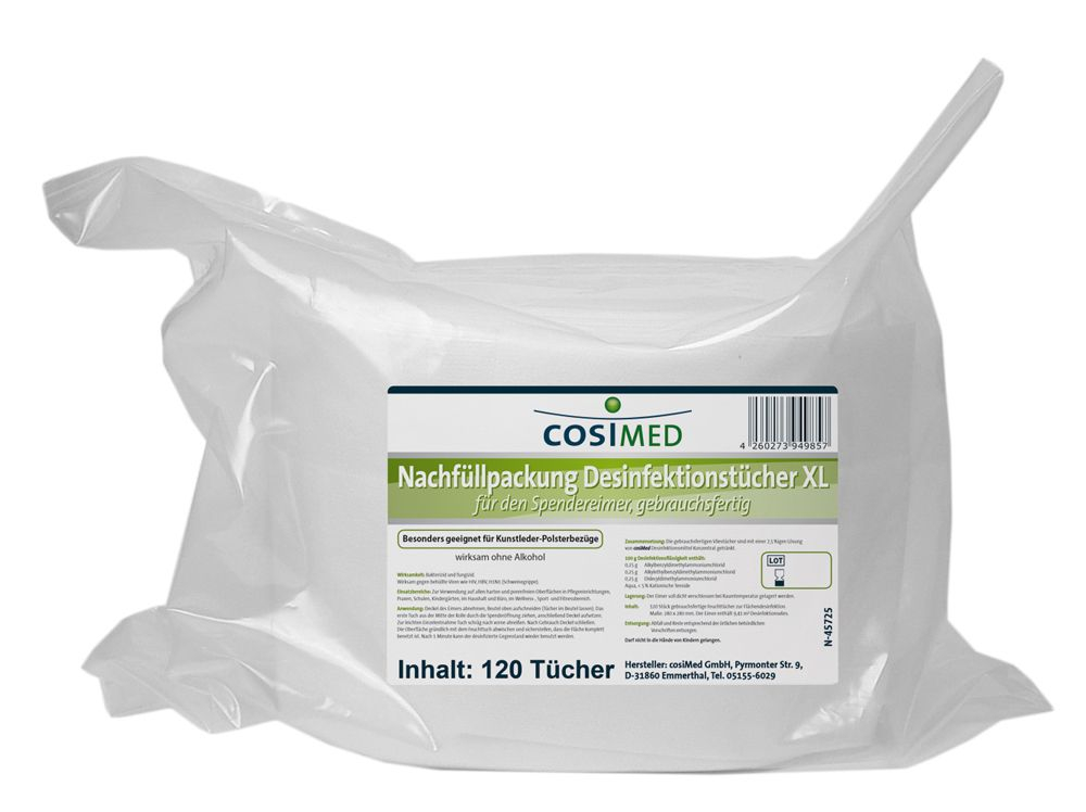 cosiMed Desinfektionstücher XL OHNE Alkohol, Nachfüllbeutel 120 Tücher