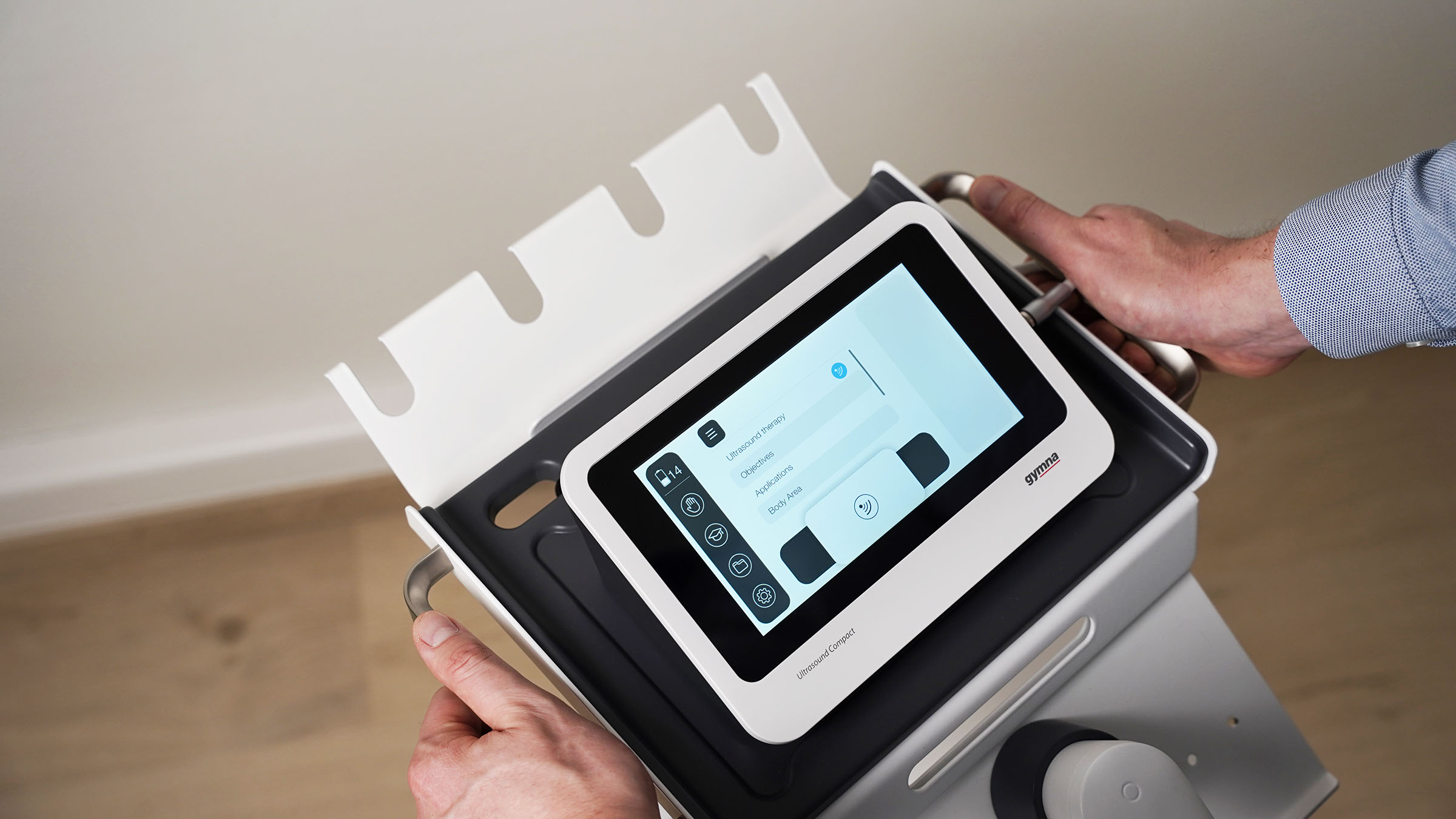 Gymna Ultrasound compact mit eingebautem Li-Ionen-Akku, großem Standard-Ultraschallkopf, eigenständigem Ultraschallkopfhalter, medizinischem Netzteil und Kontaktgel (200 ml)