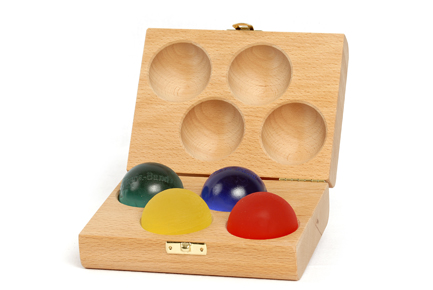 Holzbox (gefüllt), mit Hand Exerciser (Handtrainer) gelb, rot, grün und blau - Artikel NICHT mehr lieferbar!