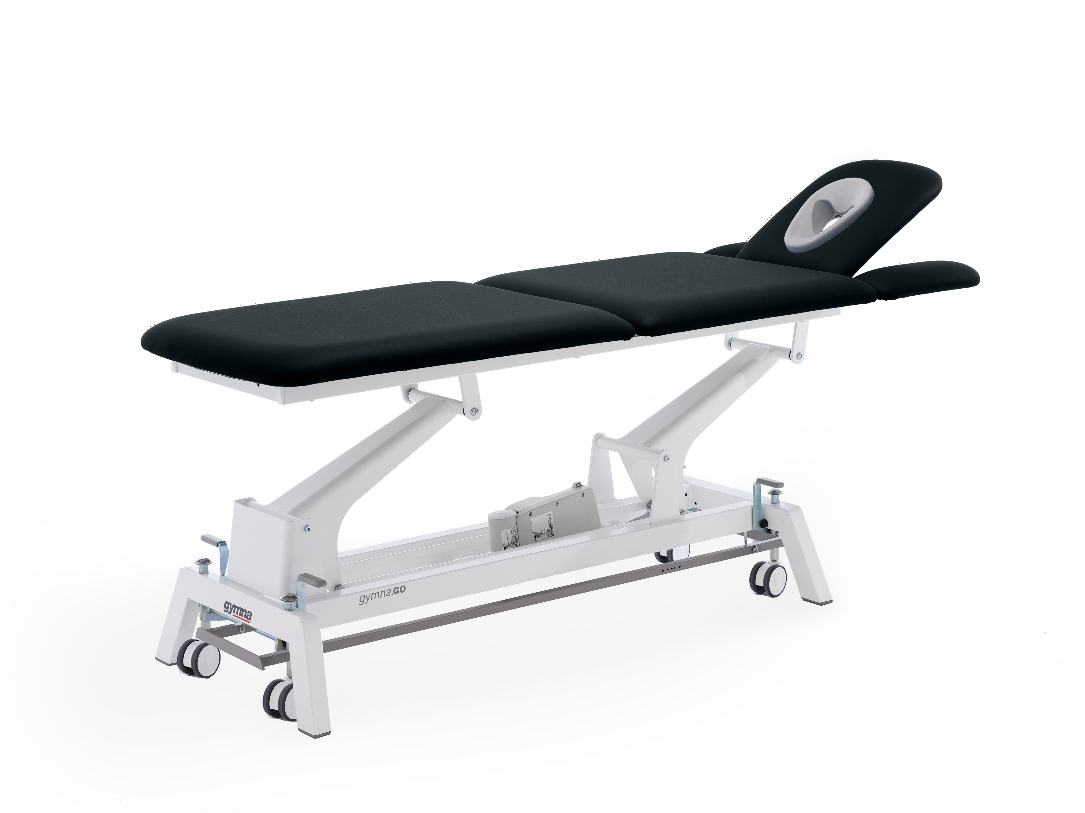 Behandlungsliege Gymna.GO - T5x, elektrische Höhenverstellung über Fussschalter sowie 3-tlg. Kopfteil und anstellbarem Fussteil